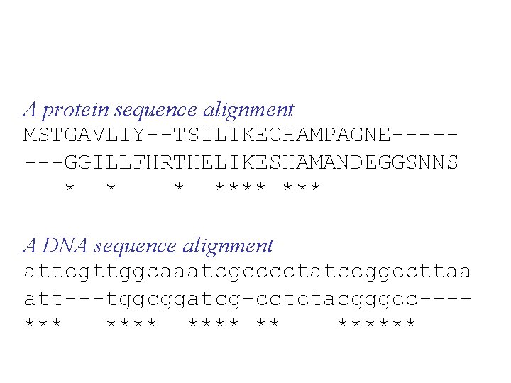 A protein sequence alignment MSTGAVLIY--TSILIKECHAMPAGNE-------GGILLFHRTHELIKESHAMANDEGGSNNS * **** A DNA sequence alignment attcgttggcaaatcgcccctatccggccttaa att---tggcggatcg-cctctacgggcc---*** ******