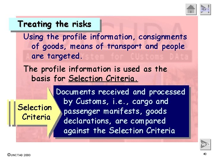 End Treating the risks Using the profile information, consignments of goods, means of transport