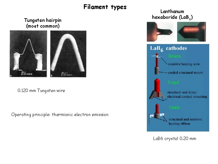 Filament types Tungsten hairpin (most common) Lanthanum hexaboride (La. B 6) 0. 120 mm