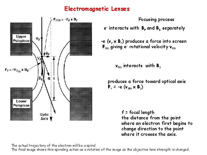 Electromagnetic Lenses Focusing process e- interacts with Br and Bz separately -e (vz x