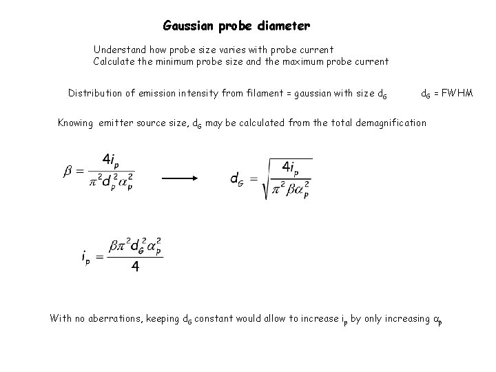 Gaussian probe diameter Understand how probe size varies with probe current Calculate the minimum