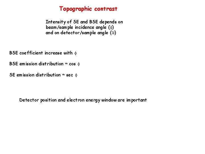 Topographic contrast Intensity of SE and BSE depends on beam/sample incidence angle ( )