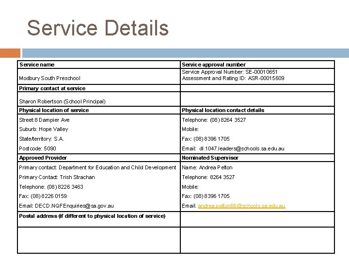 Service Details Service name Modbury South Preschool Service approval number Service Approval Number: SE-00010651