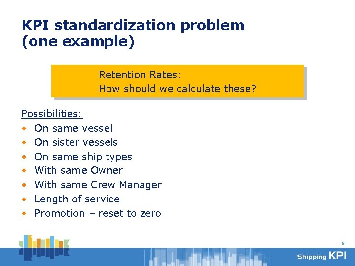 KPI standardization problem (one example) Retention Rates: How should we calculate these? Possibilities: •