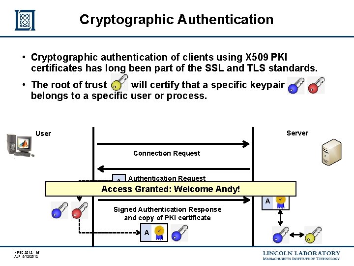 Cryptographic Authentication • Cryptographic authentication of clients using X 509 PKI certificates has long