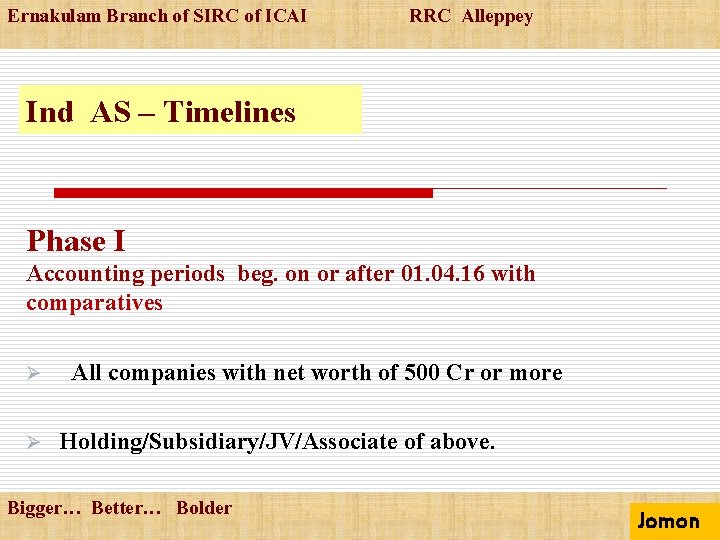 Ernakulam Branch of SIRC of ICAI RRC Alleppey Ind AS – Timelines Phase I