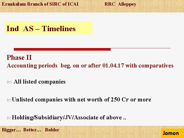 Ernakulam Branch of SIRC of ICAI RRC Alleppey Ind AS – Timelines Phase II