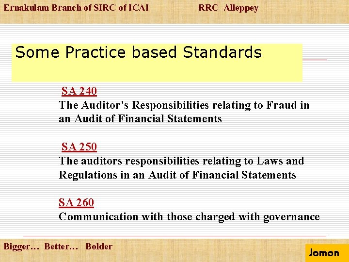 Ernakulam Branch of SIRC of ICAI RRC Alleppey Some Practice based Standards SA 240