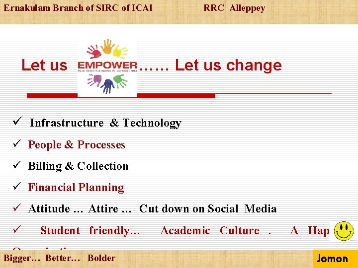 Ernakulam Branch of SIRC of ICAI Let us RRC Alleppey …… Let us change