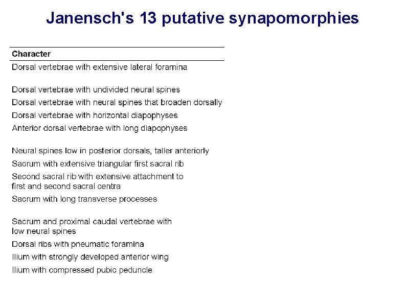 Janensch's 13 putative synapomorphies 