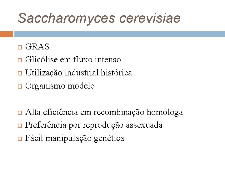 Saccharomyces cerevisiae GRAS Glicólise em fluxo intenso Utilização industrial histórica Organismo modelo Alta eficiência