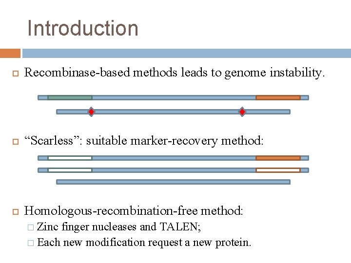 Introduction Recombinase-based methods leads to genome instability. “Scarless”: suitable marker-recovery method: Homologous-recombination-free method: �