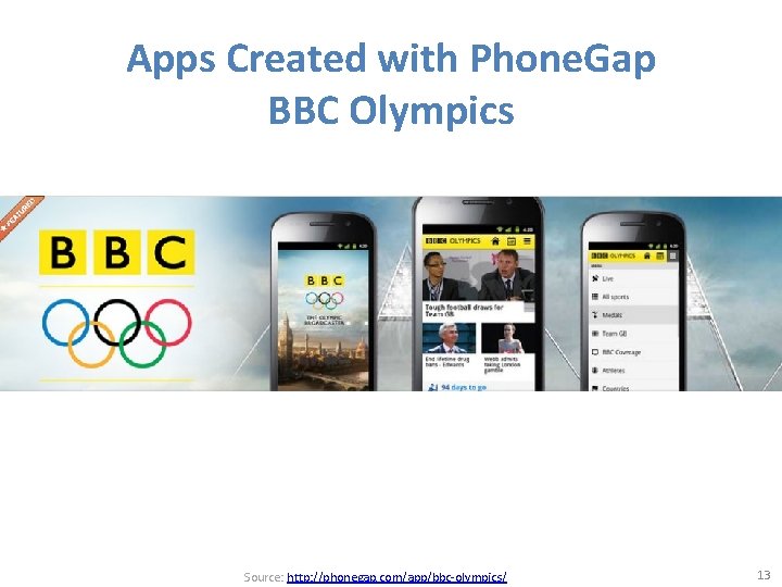 Apps Created with Phone. Gap BBC Olympics Source: http: //phonegap. com/app/bbc-olympics/ 13 