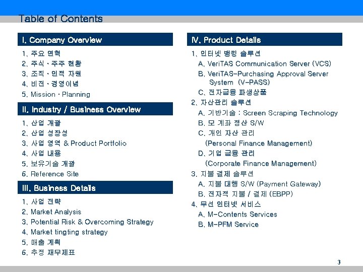 Table of Contents I. Company Overview IV. Product Details 1. 주요 연혁 2. 주식