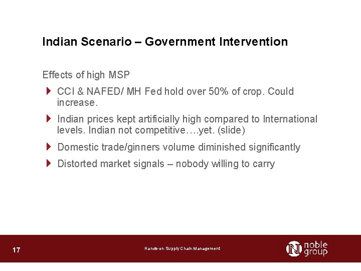 Indian Scenario – Government Intervention Effects of high MSP 4 CCI & NAFED/ MH
