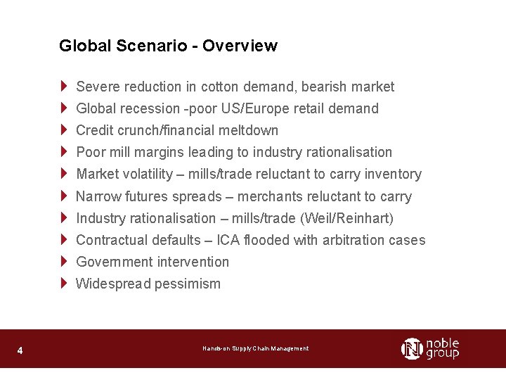 Global Scenario - Overview 4 Severe reduction in cotton demand, bearish market 4 Global
