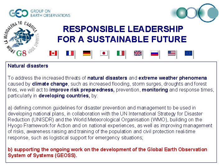 RESPONSIBLE LEADERSHIP FOR A SUSTAINABLE FUTURE Natural disasters To address the increased threats of