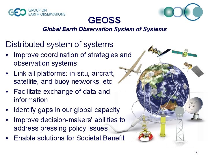 GEOSS Global Earth Observation System of Systems Distributed system of systems • Improve coordination