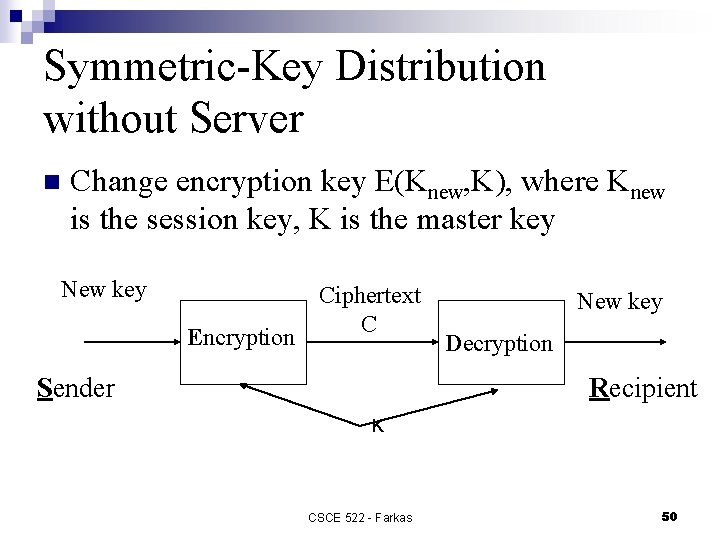 Symmetric-Key Distribution without Server n Change encryption key E(Knew, K), where Knew is the