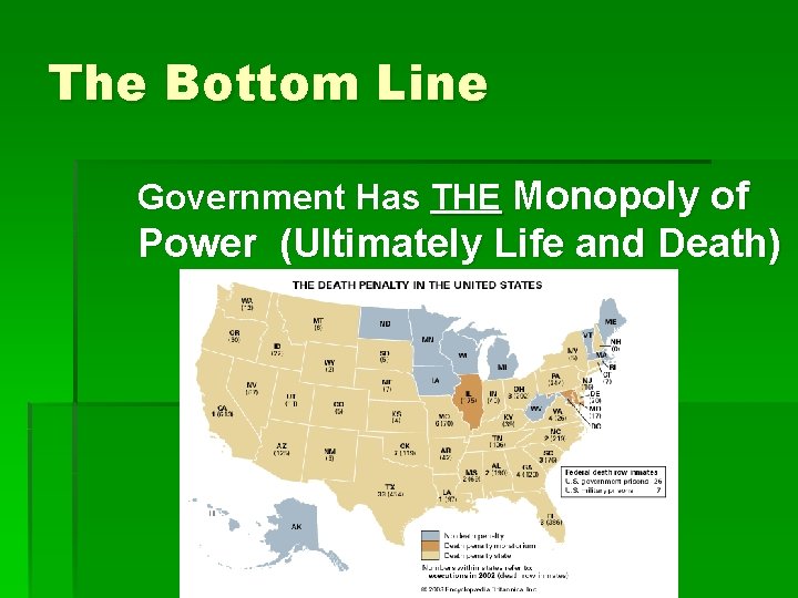 The Bottom Line Government Has THE Monopoly of Power (Ultimately Life and Death) 