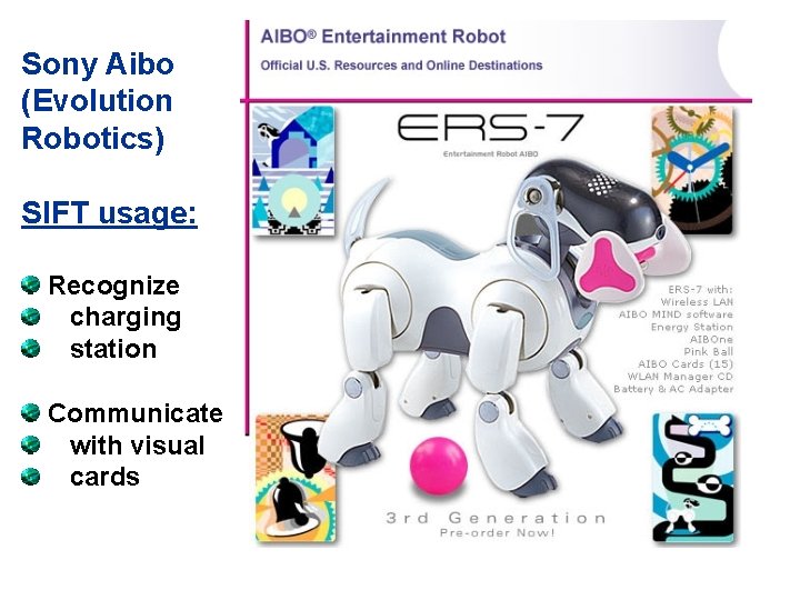 Sony Aibo (Evolution Robotics) SIFT usage: Recognize charging station Communicate with visual cards 