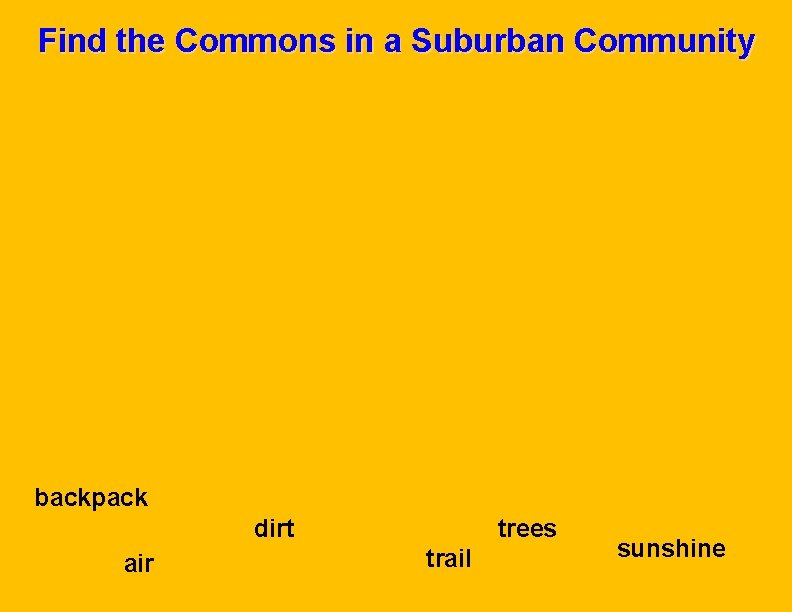 Find the Commons in a Suburban Community backpack dirt air trees trail sunshine 