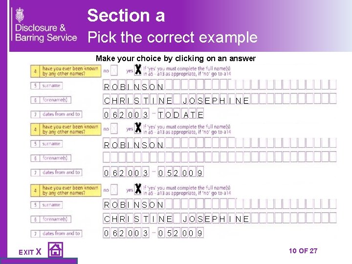 Section a Pick the correct example Make your choice by clicking on an answer