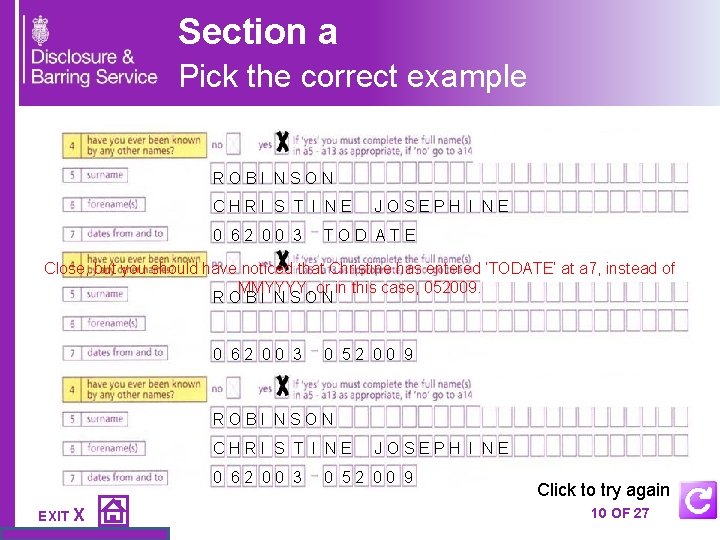 Section a Pick the correct example R O B I N S O N