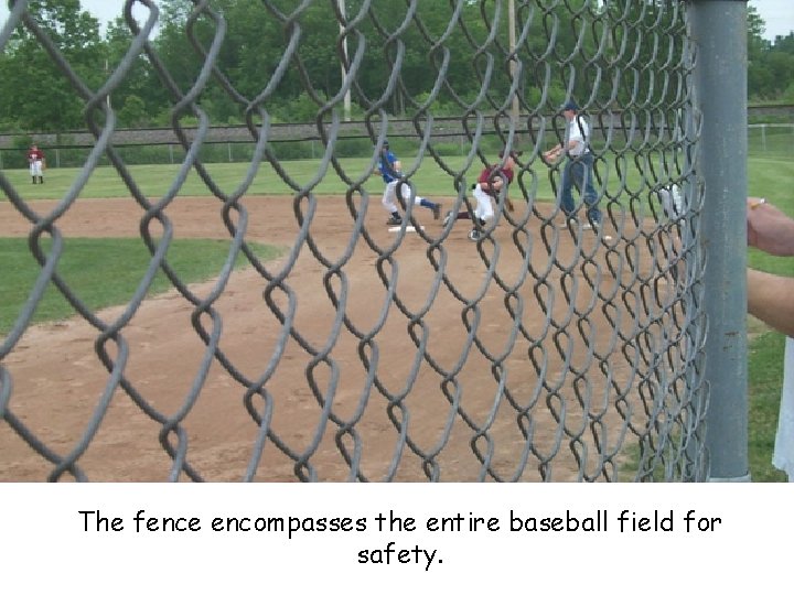 The fence encompasses the entire baseball field for safety. 