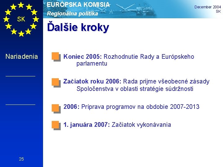 EURÓPSKA KOMISIA SK Nariadenia Regionálna politika December 2004 SK Ďalšie kroky Koniec 2005: Rozhodnutie