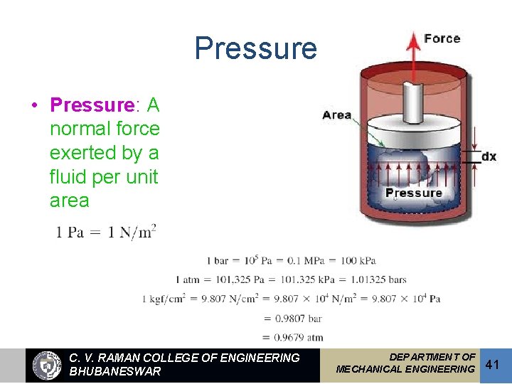 Pressure • Pressure: A normal force exerted by a fluid per unit area C.