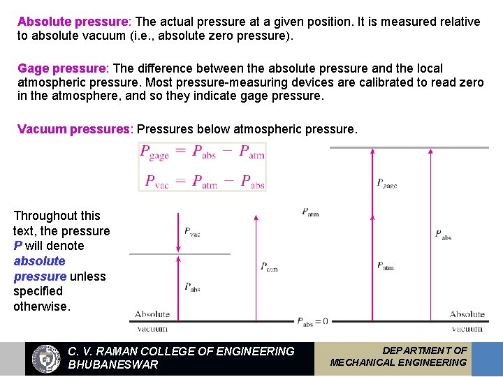 Absolute pressure: The actual pressure at a given position. It is measured relative to