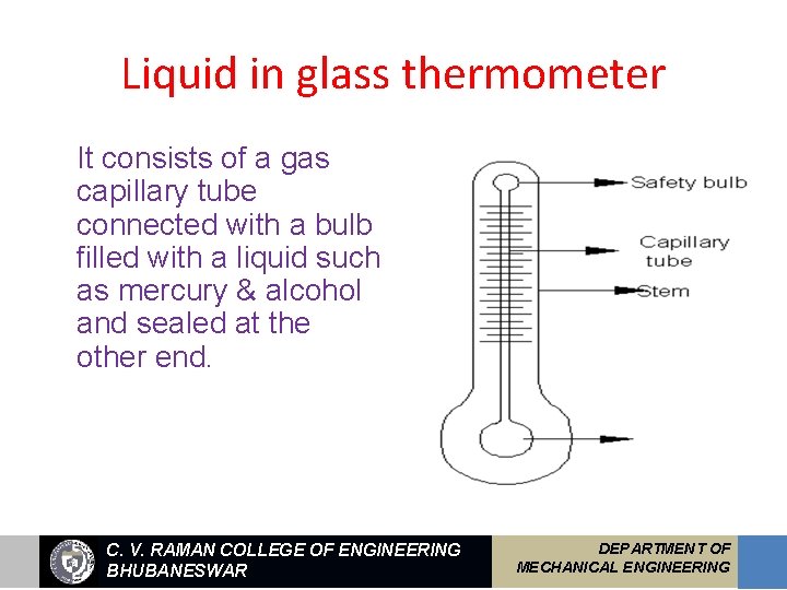 Liquid in glass thermometer It consists of a gas capillary tube connected with a