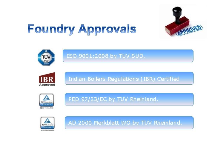 ISO 9001: 2008 by TUV SUD. Indian Boilers Regulations (IBR) Certified PED 97/23/EC by