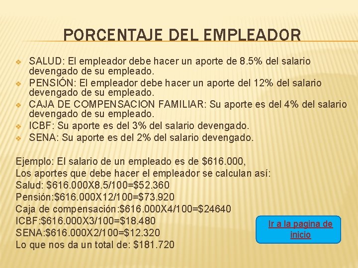 PORCENTAJE DEL EMPLEADOR v v v SALUD: El empleador debe hacer un aporte de