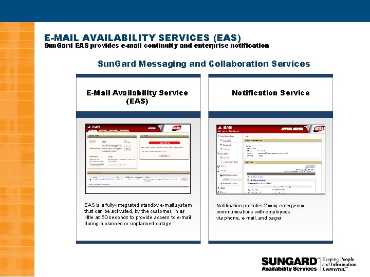 E-MAIL AVAILABILITY SERVICES (EAS) Sun. Gard EAS provides e-mail continuity and enterprise notification Sun.
