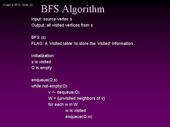 Graph & BFS / Slide 22 BFS Algorithm Input: source vertex s Output: all