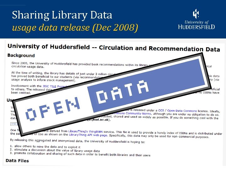 Sharing Library Data usage data release (Dec 2008) 6 