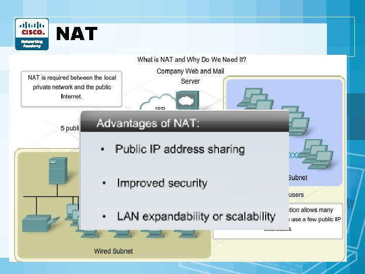 NAT • Network Address Translation • Allows many users to use private IP addresses