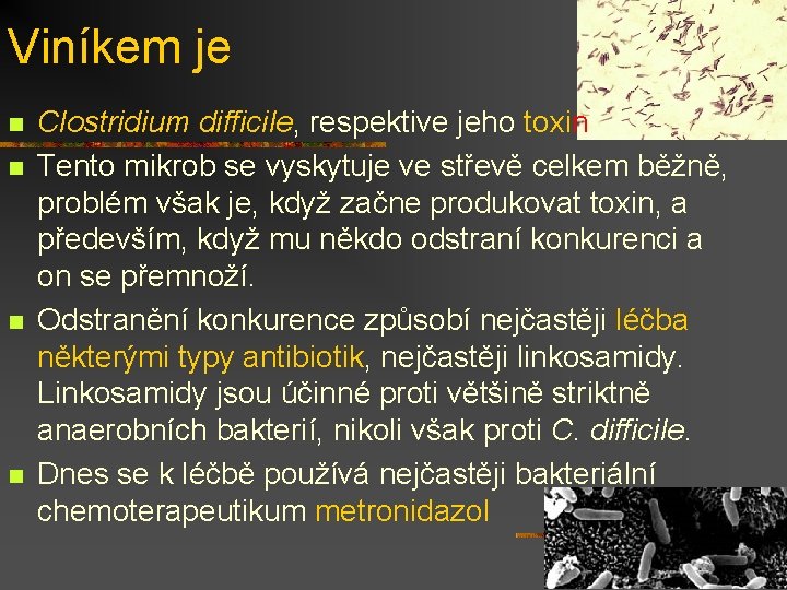 Viníkem je n n Clostridium difficile, respektive jeho toxin Tento mikrob se vyskytuje ve