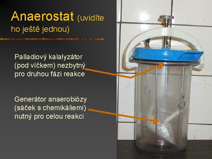 Anaerostat (uvidíte ho ještě jednou) Palladiový kalalyzátor (pod víčkem) nezbytný pro druhou fázi reakce