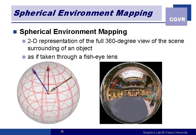 Spherical Environment Mapping n CGVR Spherical Environment Mapping 2 -D representation of the full