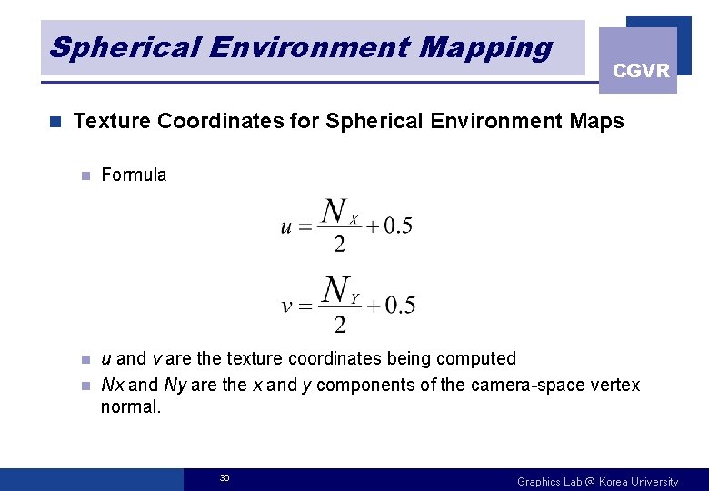 Spherical Environment Mapping n CGVR Texture Coordinates for Spherical Environment Maps n Formula u