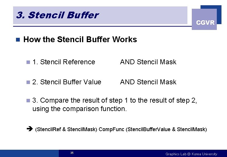 3. Stencil Buffer n CGVR How the Stencil Buffer Works n 1. Stencil Reference