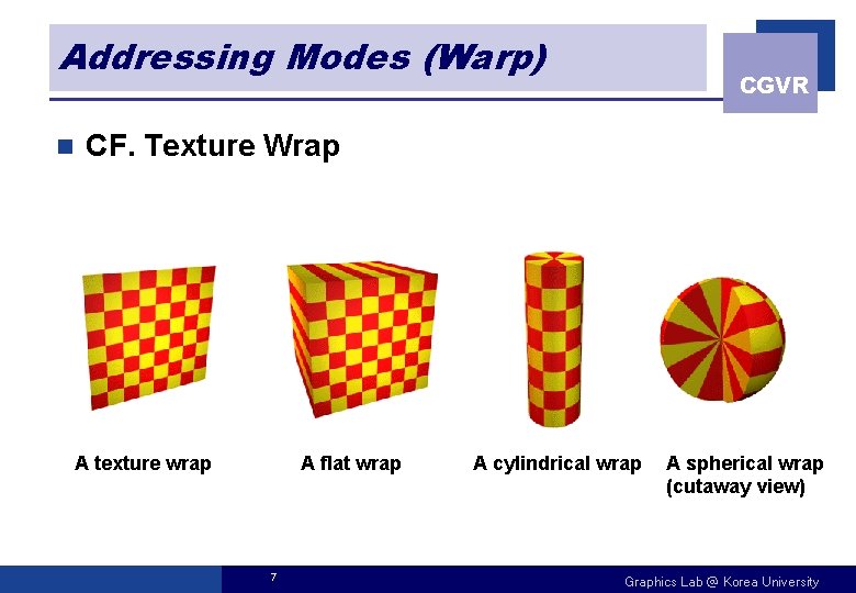 Addressing Modes (Warp) n CGVR CF. Texture Wrap A texture wrap A flat wrap