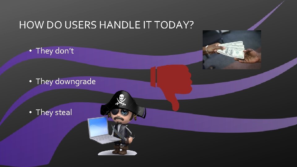 HOW DO USERS HANDLE IT TODAY? • They don’t • They downgrade • They