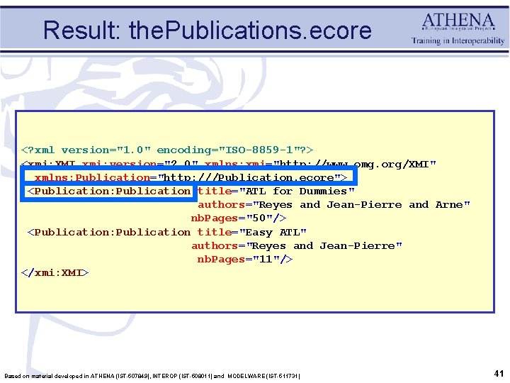 Result: the. Publications. ecore <? xml version="1. 0" encoding="ISO-8859 -1"? > <xmi: XMI xmi:
