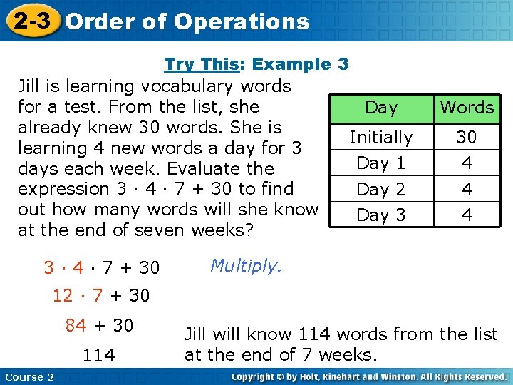 2 -3 Order Insert of Lesson Title Here Operations Try This: Example 3 Jill