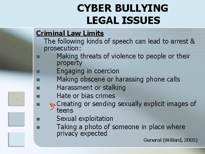 CYBER BULLYING LEGAL ISSUES Criminal Law Limits The following kinds of speech can lead