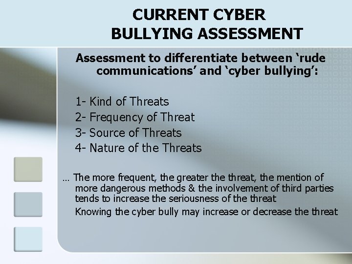 CURRENT CYBER BULLYING ASSESSMENT Assessment to differentiate between ‘rude communications’ and ‘cyber bullying’: 1234
